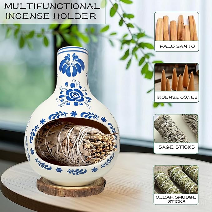 Palo Santo Burner Handmade Palo Santo Holder with Wooden Mat, Talavera Mexican Pottery Decor for Home, Meditation and Energy Cleansing, Sage Holder for Burning, Christmas Yoga Spa Gift
