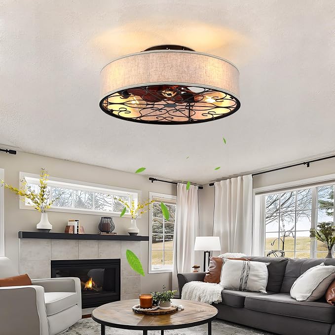 20 Inch Caged Ceiling Fans with Lights Flush Mount,Low Profile Fabric Farmhouse Bladeless Ceiling Fan with Remote, Farmhouse White Ceiling Fan for Bedroom,6 Speeds Reversible Silent Fandalier