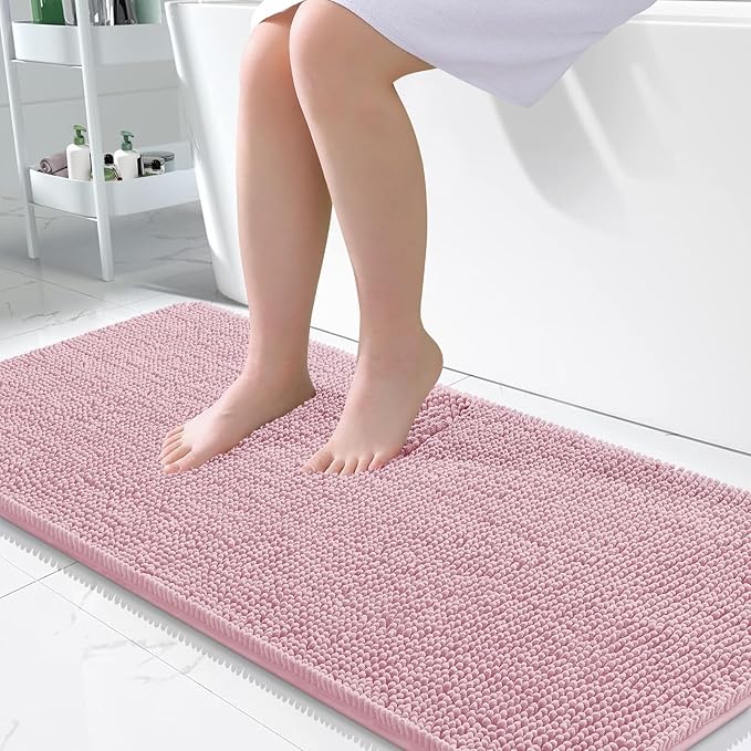 OLANLY Bathroom Runner Rugs 47x24, Soft Absorbent Chenille Bath Rugs, Rubber Backing Quick Dry, Machine Washable Long Bath Mats for Bathroom Floor, Tub and Shower, Home Decor Accessories, Dusty Rose