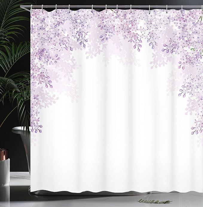 Ambesonne Flower Shower Curtain, Framing Lilac Flowers in Blossom Vernal Season Soothing Color Shades, Cloth Fabric Bathroom Decor Set with Hooks, 69" W x 70" L, Lavender White