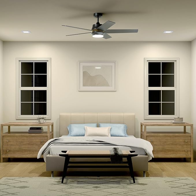 Kichler Maeve 52 in LED Ceiling Fan with Light, Modern Indoor Fan with Satin Etched Cased Opal Glass in Satin Black, Natural Brass Accent Ring, Wall Control, for Bedroom Living Room, 300059SBK