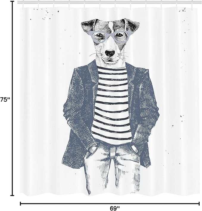 Ambesonne Quirky Shower Curtain, Hipster Jack Russell Dog Glasses Hand Drawn Sketchy Fashion Animal Fun, Cloth Fabric Bathroom Decor Set with Hooks, 69" W x 75" L, Blue Grey