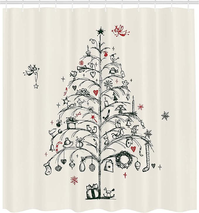 Ambesonne Christmas Shower Curtain, Fairies with Wands and Tree Hand Drawn Style with Wreath and Stockings Image, Cloth Fabric Bathroom Decor Set with Hooks, 69" W x 84" L, Red and Green