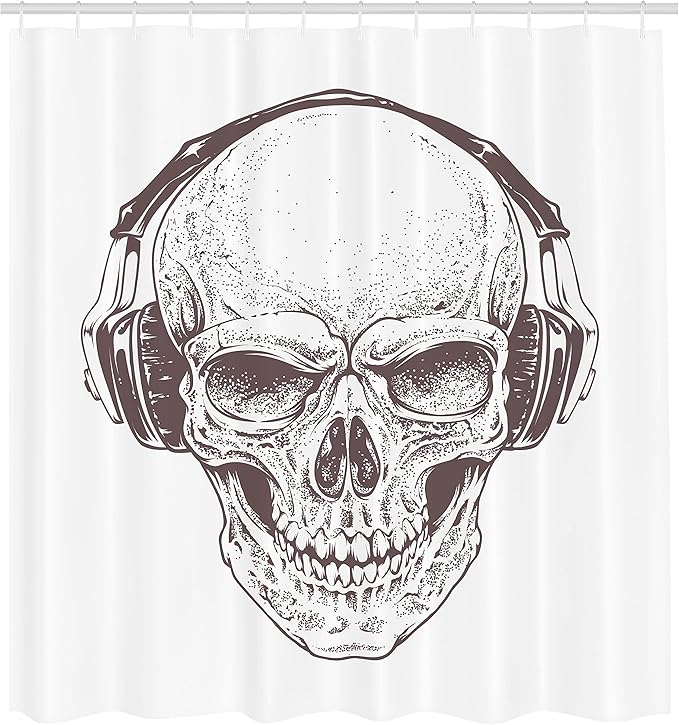 Ambesonne Skull Shower Curtain, Digital Dot Work Style Punk Skull with Headphones Hippie Dead Bones Graphic Print, Cloth Fabric Bathroom Decor Set with Hooks, 69" W x 70" L, Brown White