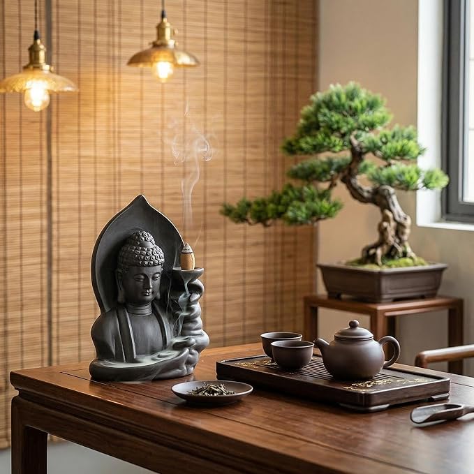Ceramic Incense Burner, Waterfall Reflux Design, Aromatherapy Holder for Cones and Sticks, Dark Brown。 (404)