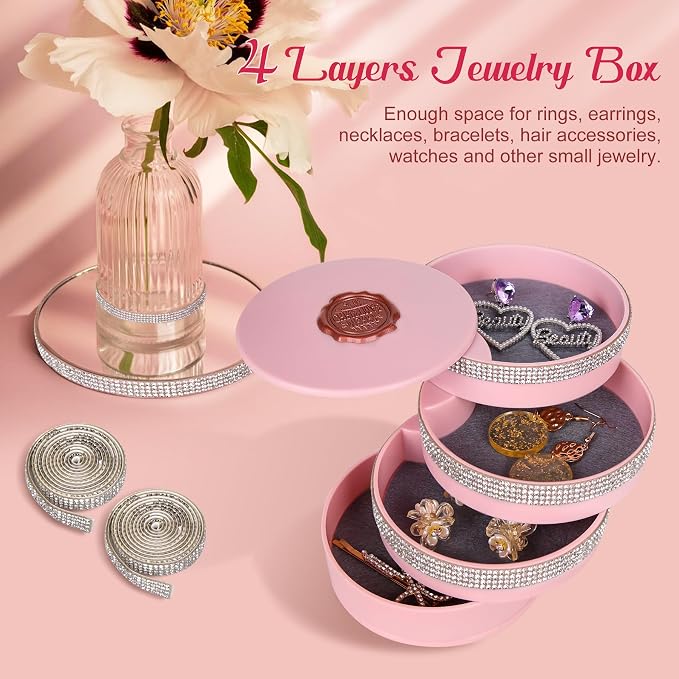CONBOLA Jewelry Holder Organizer Ideas for Women, Small Jewelry Storage Box Earring Holder, 5-Layer Rotating Jewelry Storage Tray with Lid for Bracelets Rings Bracelets