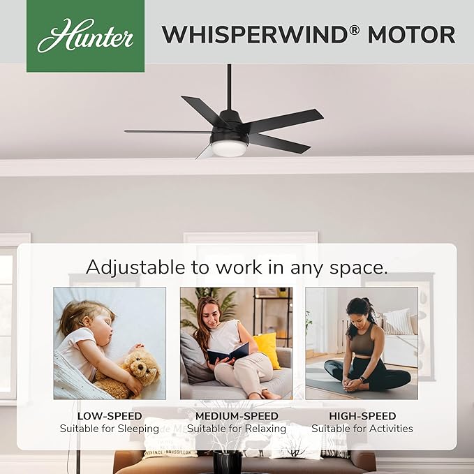Hunter 52 inch Indoor Ceiling Fan with LED Light and Remote Control - Black Modern Smart Ceiling Fan, Standard Mount, 5 Blades, For Bedroom, Living Room, or Kitchen, Quiet- Aerodyne 51314, Matte Black | with LED Light and Remote Control, Standard Mount...
