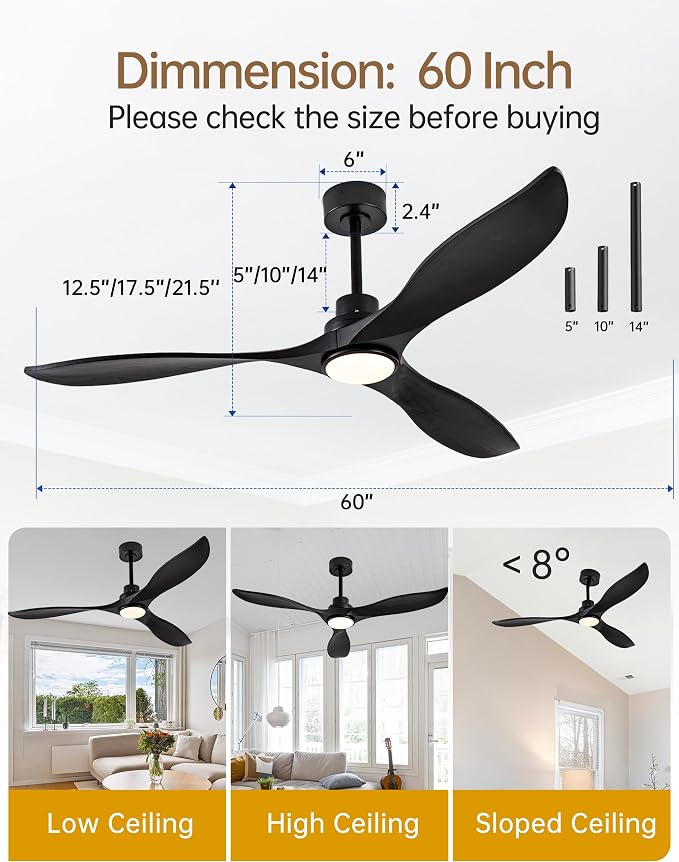 60" Solid Wood Ceiling Fans with Lights and Remote, 3 Blade Black Ceiling Fans with Wall Control, 6 Speed, Dimmable, Quiet DC Motor for Outdoor Bedroom Living Room