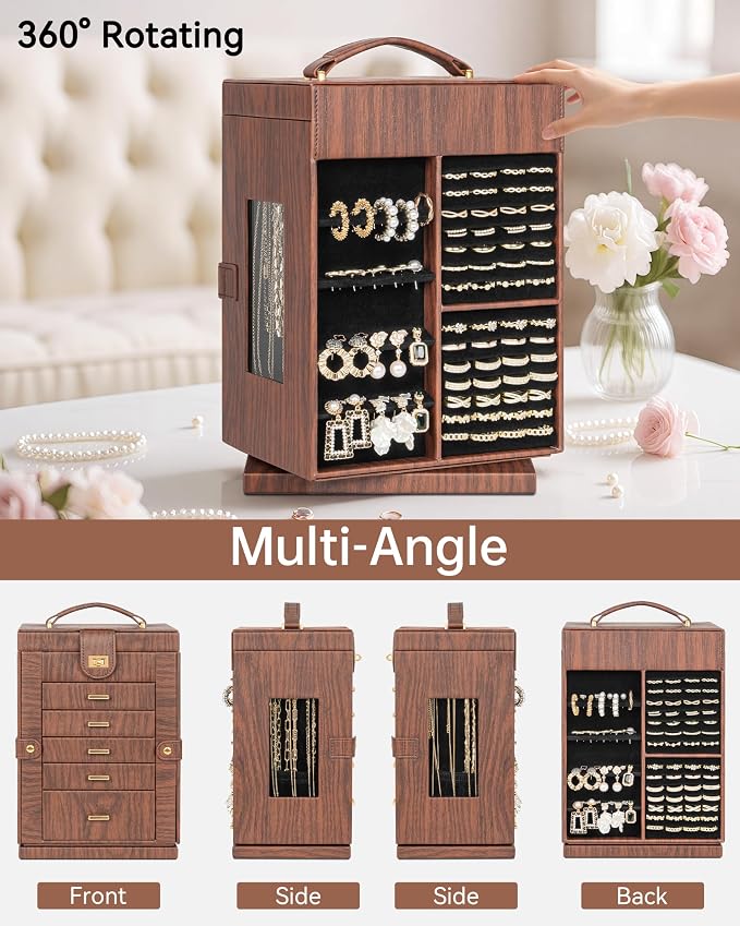 AKOZLIN 6-Tier Jewelry Box Organizer Functional 5 Drawers Leather Jewelry Storage Case for Women Girls Ring Necklace Earring Bracelet Holder Organizer with Mirror Red 360° Rotating
