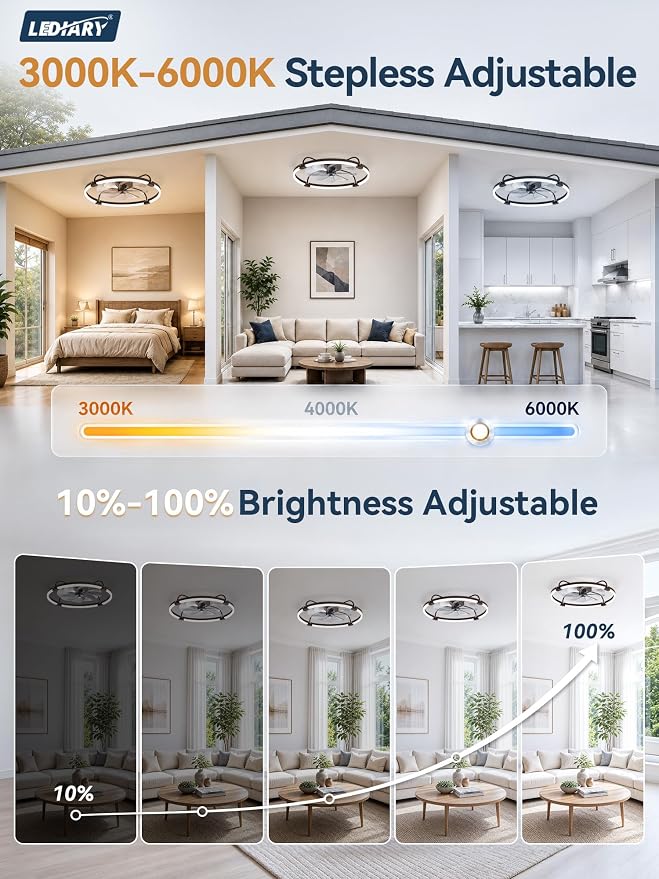 LEDIARY Ceiling Fans with Lights and Remote, Low Profile fan Light, Brown | 24 Inch 3000K-6000K Stepless Dimmable Fandelier, Reversible DC Motor, Remote and APP Control, Bedroom Kitchen Living Room