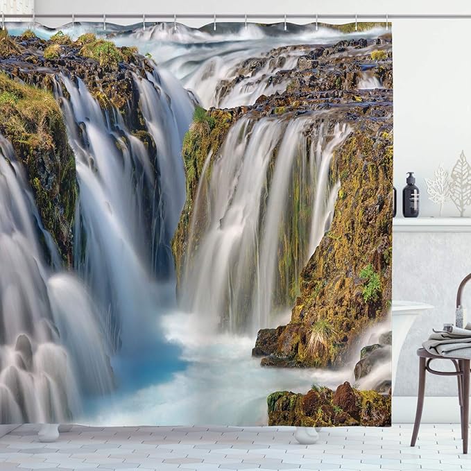 Ambesonne Waterfall Shower Curtain, Bruarfoss Falls in Iceland River Landscape and Wild Nature Image Panoramic Scenery Concept Shot, Cloth Fabric Bathroom Set with Hooks, 69" W x 75" L, Green White