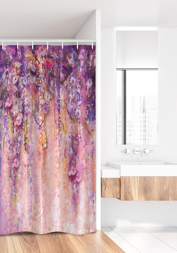 Ambesonne Watercolor Flower Stall Shower Curtain, Wisteria Tree in Full Blossom Romantic Spring Over Bokeh Background, Fabric Bathroom Decor Set with Hooks, 36" W x 72" L, Purple Peach