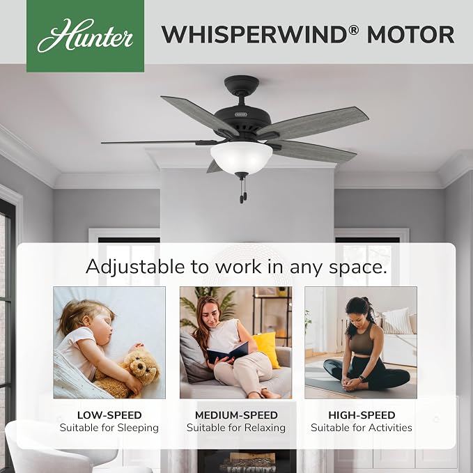 Hunter 52 inch Indoor Ceiling Fan with LED Light - Black Ceiling Fan with Pull Chain, for Bedroom or Living Room, Standard Mount, No Remote, 5 Blades, Includes Bulbs - Newsome 52395, Matte Black | Standard Mount, Pull Chain, 5 Blades, For Bedroom, Livi...