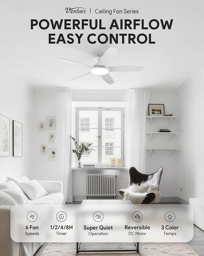 VONLUCE Ceiling Fans with Lights, 52 Inch Ceiling Fan and Remote, Full-spectrum LED Light, 3CCT, 6-Speeds Noiseless Reversible DC Motor, Modern Ceiling Fan for Farmhouse Bedroom Indoor, White