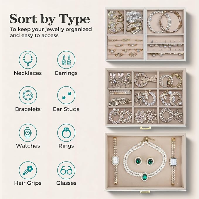 Dajasan Jewelry Organizer Box, Large Jewelry Boxes for Women Girls, Space-Saving 3 Layers Jewelry Storage Case with Drawer, Movable Metal Stand, Modern, Gift Idea (Cloud White + Gold)