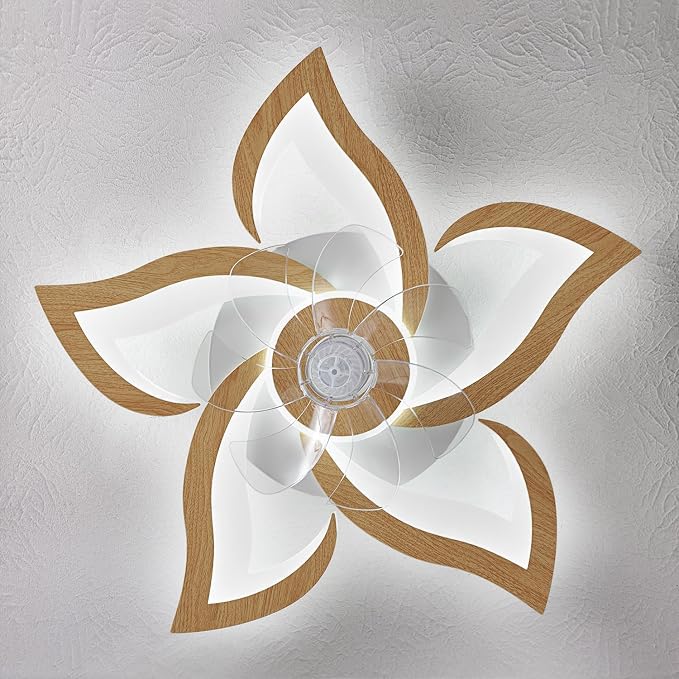 Dalouguan 24" Ceiling Fan with Lights Remote Control, Light Wood Grain Color 6 Speeds 3 Light Color Low Profile Flush Mount Ceiling Fan for Kitchen Bedroom