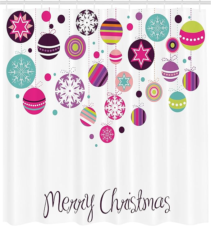 Ambesonne Christmas Shower Curtain, Colorful Graphic Baubles with Retro Snowflake Ornaments Celebration Hand Writing, Cloth Fabric Bathroom Decor Set with Hooks, 69" W x 70" L, Pastel Magenta