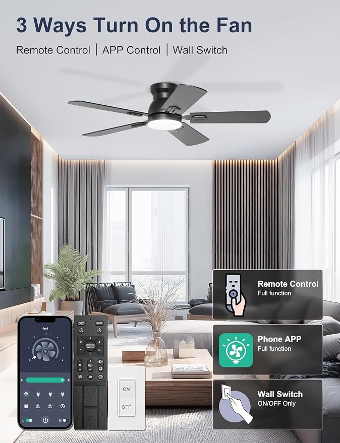 42'' Black Flush Mount Ceiling Fan with Lights for Kids Room | App/Remote Control, Low Profile, Space-Saving, Quiet DC Motor, 3CCT Dimmable, 6 Speeds Modern Overhead Fan for Low Ceilings