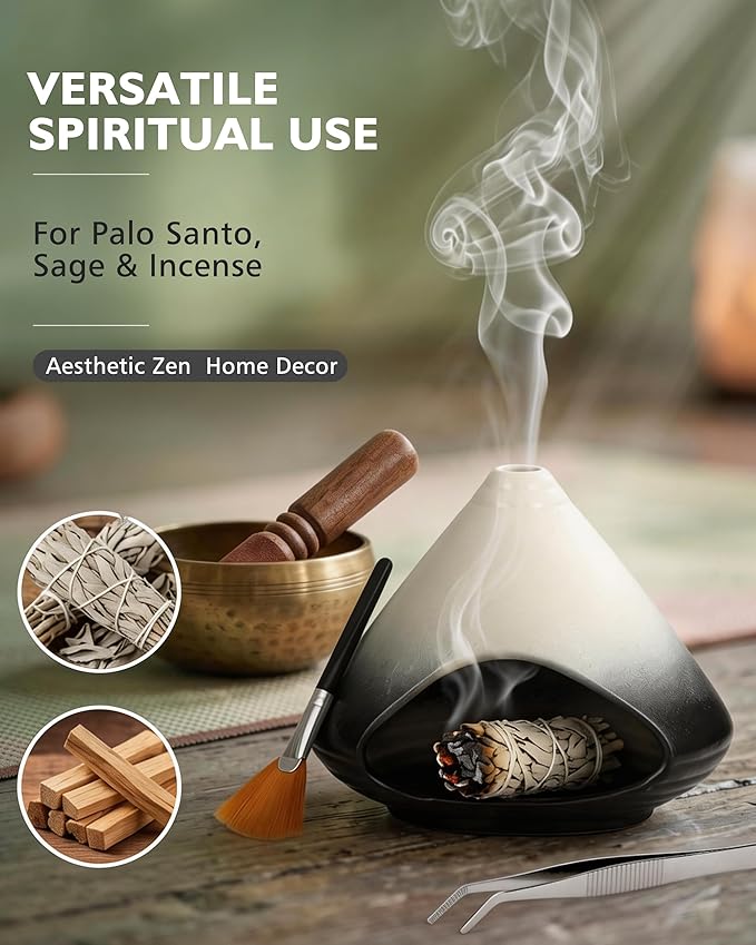 Ceramic Palo Santo Holder Incense Burner Ash Catcher - Modern Chiminea Smudge Bowl for Sage and Wood Sticks - Meditation Energy Cleansing Yoga Gifts for Home Decor