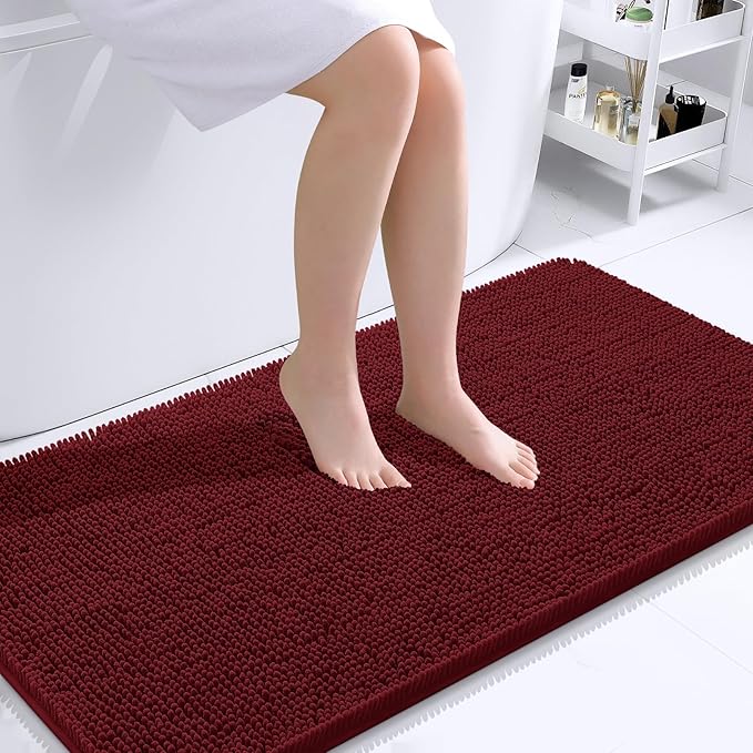 OLANLY Bathroom Runner Rugs 44x24, Soft Absorbent Chenille Bath Rugs, Rubber Backing Quick Dry, Machine Washable Long Bath Mats for Bathroom Floor, Tub and Shower, Home Decor Accessories, Burgundy