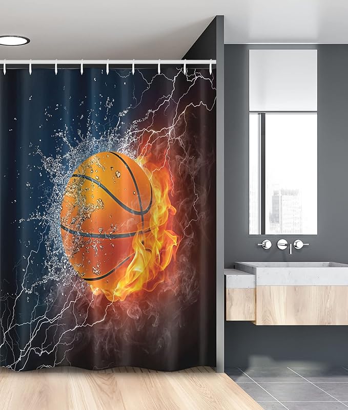 Ambesonne Sports Stall Shower Curtain, Basketball Ball and Water Splashing Thunder Lightning Themed Design, Fabric Bathroom Decor Set with Hooks, 54" W x 78" L, Dark Blue and Burgundy