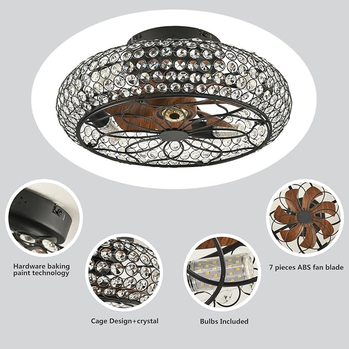 Caged Crystal Ceiling Fans with Lights and Remote,18.8" Flush Mount Low Profile Ceiling Fan with Light,6 Speed Enclosed Ceiling Fan with Reversible Motor for Bedroom Kitchen Living Room