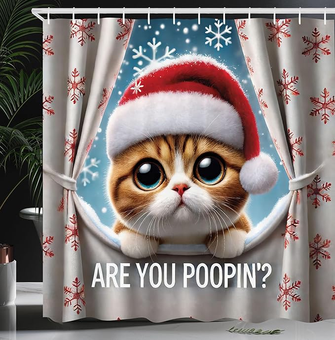 Ambesonne Christmas Shower Curtain, Curious Kitten with Xmas Hat Asks are You Poopin with Falling Snowflakes, Cloth Fabric Bathroom Decor Set with Hooks, 69" W x 75" L, Brown Coconut Ruby