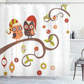Ambesonne Christmas Shower Curtain, Owls on Celebrating Twiggy Tree Branches Annual Yule Noel Christmas Themed Print, Cloth Fabric Bathroom Decor Set with Hooks, 69" W x 75" L, Brown Red