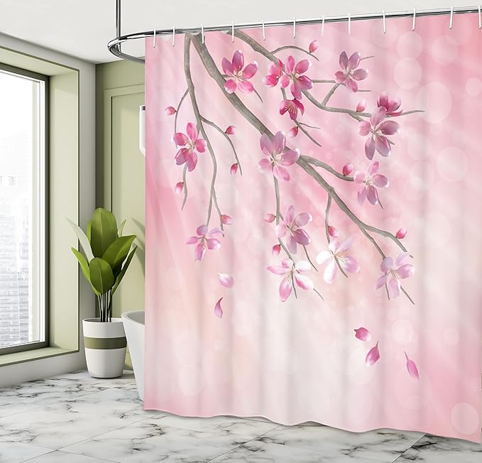 Ambesonne Nature Shower Curtain, Illustration of Spring Tree Branch with Blossoms Sun Beams on Blurred Background, Cloth Fabric Bathroom Decor Set with Hooks, 69" W x 84" L, Pink Fuchsia