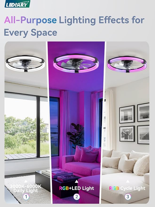 LEDIARY Ceiling Fan with Light,20inch Low Profile Fandelier with Remote RGB | Black RGB,6 Speeds, Reversible DC Motor, Dimmable Flush Mount Fan Light, Modern fans for Bedroom