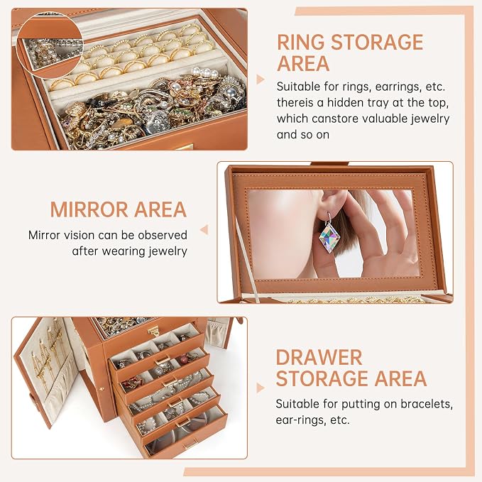 AKOZLIN 6-Tier Jewelry Box Organizer Functional 5 Drawers Leather Jewelry Storage Case for Women Girls Ring Necklace Earring Bracelet Holder Organizer with Mirror Medium Dark Orange