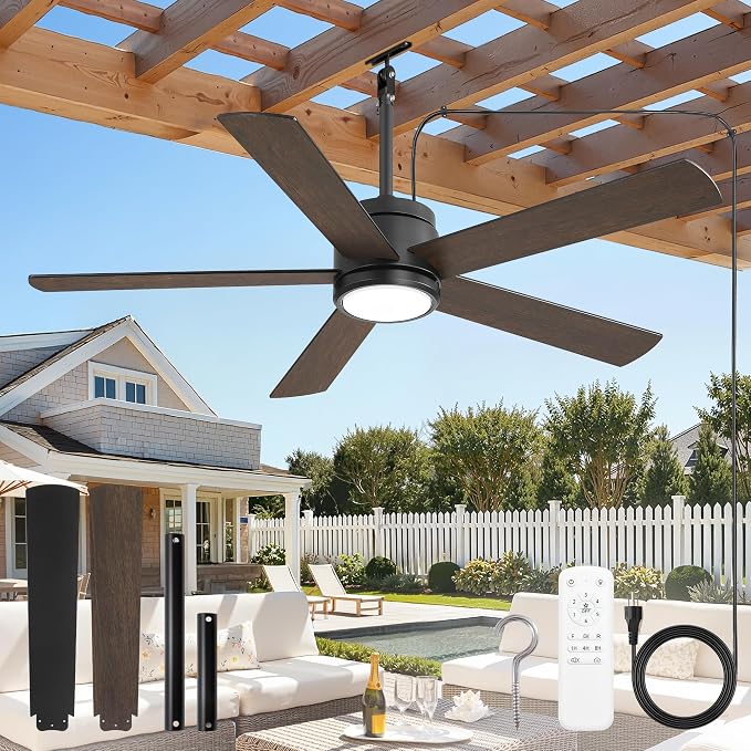 Fanbulous 52" Outdoor Ceiling Fan with Light and Remote, IP65 Waterproof, Plug-in Design with 10FT Cord, 6-Speeds, 3CCT, Hook Hanging Fan for Gazebo Patio Porch Garage Canopy(Black)