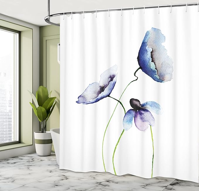 Ambesonne Watercolor Flower Shower Curtain, Abstract Poppies Blossoms Simple Composition Picture, Cloth Fabric Bathroom Decor Set with Hooks, 69" W x 70" L, Blue and Green