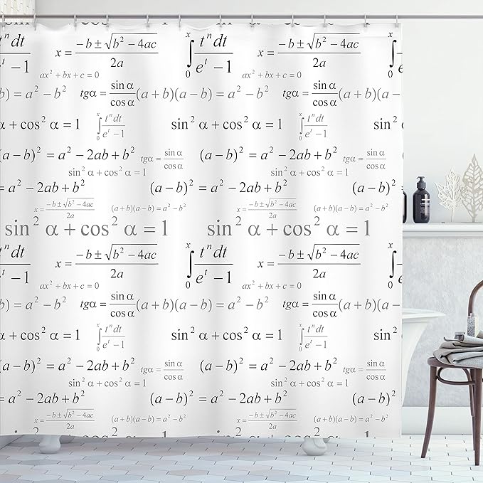 Ambesonne Math Themed Shower Curtain, Minimal Print of Mathematics Geometry Forms Repetitive Science Pattern, Cloth Fabric Bathroom Decor Set with Hooks, 69" W x 84" L, Black and White