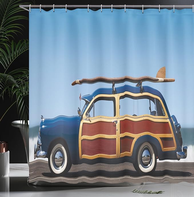 Ambesonne Surfboard Shower Curtain, Wave Rider Warm Tropic Weather Climate Wind Surfing Wakesurfing, Cloth Fabric Bathroom Decor Set with Hooks, 69" W x 70" L, Dark Blue Redwood Blue