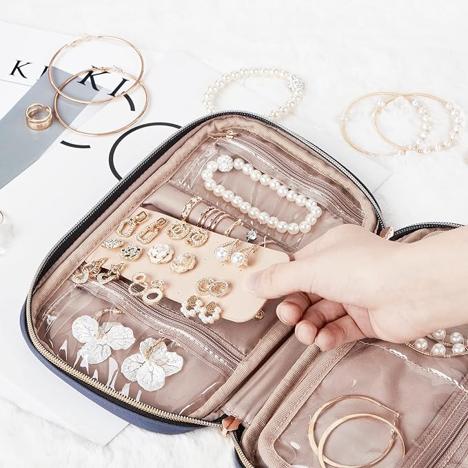 NISHEL Travel Jewelry Case Organizer, Tangle-Free Necklace Storage Bag | Stores rings, earrings, bracelets and watches in a compact case for travel and daily use, Aegean-Blue, Medium