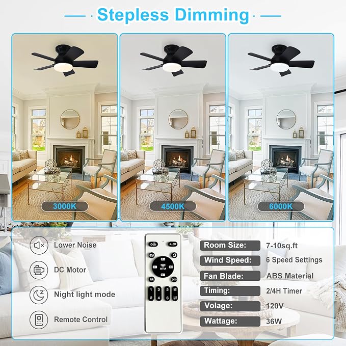 Depuley Modern Ceiling Fan with Light: 25-Inch Black Small Fans for Bedroom Indoor Outdoor - Dimmable Low Profile Ceiling Fans with Remote Control Flush Mount 5 Reversible Black Blades 6 Speeds Timer