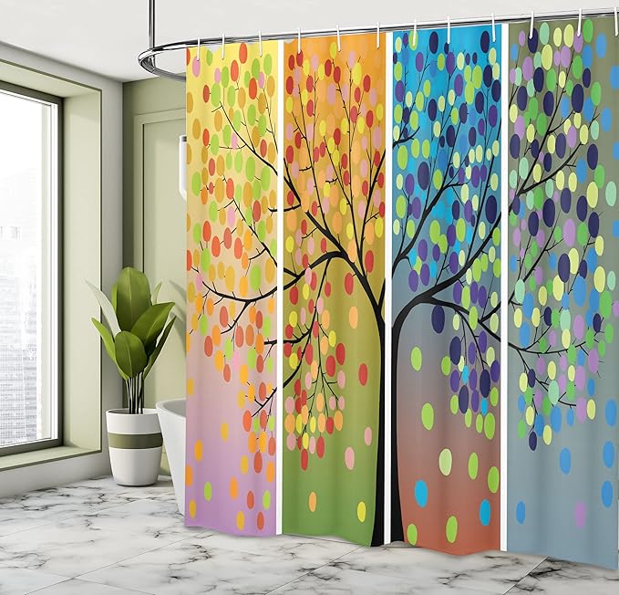 Ambesonne Colorful Shower Curtain, Tree Various Ornamentations Colorful Composition Cartoon Style Digital Drawing, Cloth Fabric Bathroom Decor Set with Hooks, 69" W x 70" L, Black White Multicolor