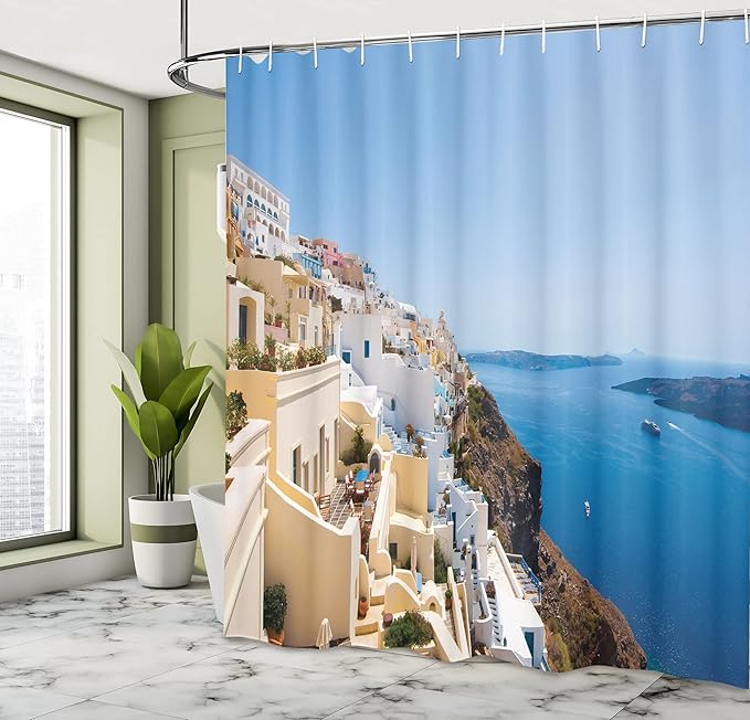 Ambesonne European Shower Curtain, Cityscape on The Edge of Cliff Greece Island Land with Mediterranean Culture Theme, Cloth Fabric Bathroom Decor Set with Hooks, 69" W x 75" L, Ecru