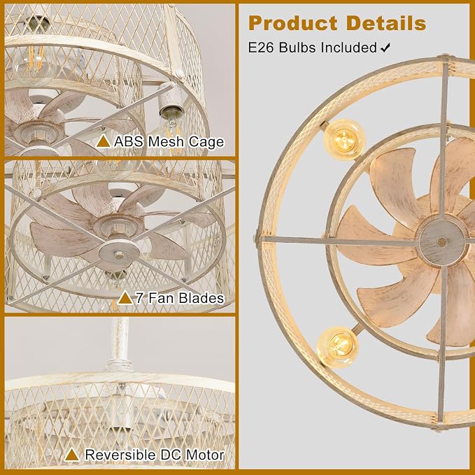 Depuley Farmhouse Ceiling Fans with Lights: Cement Flush Mount Caged Ceiling Fans Light Fixture for Dining Room - Modern Rustic Fandelier Low Profile Ceiling Fan with Remote for Kitchen Bedroom