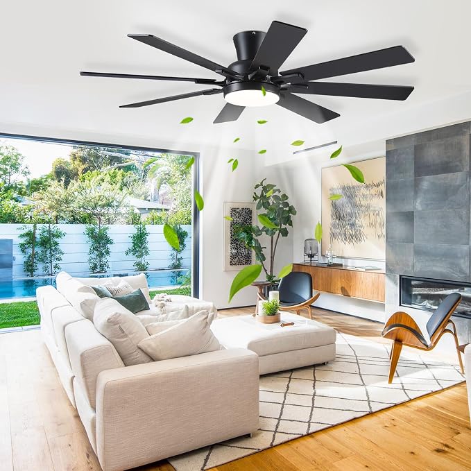 Mpayel Ceiling Fans with Lights, 52 Inch Low Profile Flush Mount Ceiling Fan, Modern Black Ceiling Fan with Light for Bedroom Living Room, Remote/APP Control, Quiet DC Motor, Dimmable, 8 Wood Blades