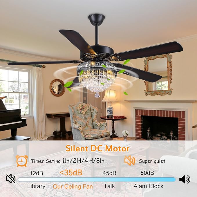 GJeg Crystal Ceiling Fan Fandelier with Lights - Outdoor Ceiling Fans with Remote Control, Farmhouse Ceiling Fan with Noiseless DC Reversible Motor,Dining Room,Living Room(62" Black)