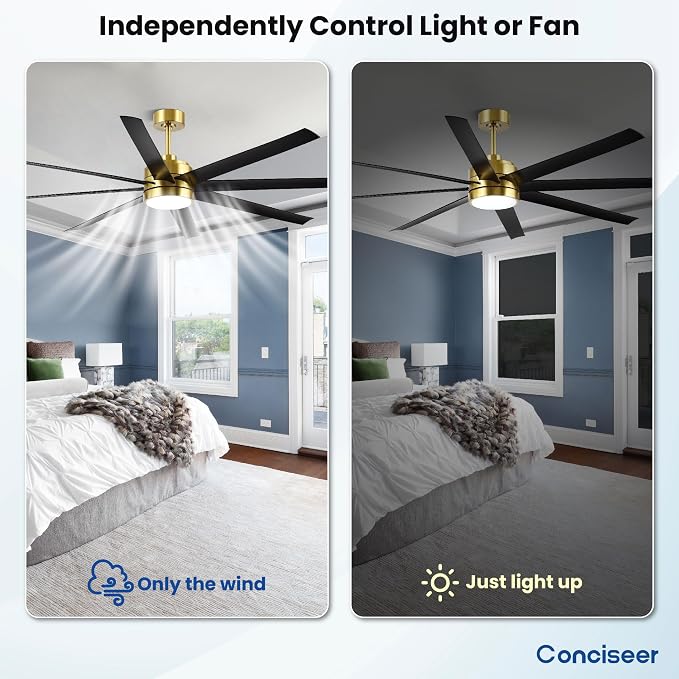 Conciseer 65 Inch Ceiling Fans with Lights and Remote for Bedroom Living Room Kitchen Office, Indoor/Outdoor Use, 3CCT, 8 Blades 6 Speed Reversible Dimmable Quiet DC Motor, Gold/Black