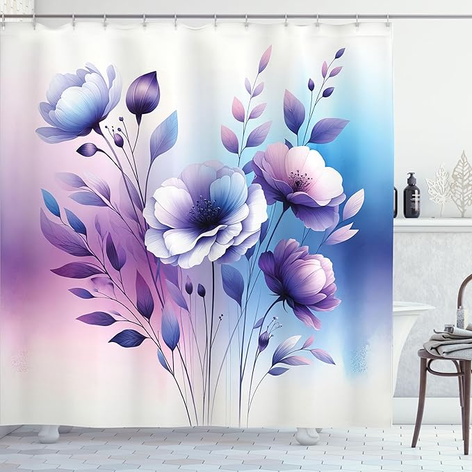 Ambesonne Purple Shower Curtain, Simple Spring Poppy Flowers with Tender Leaves in a Dreamy Color Palette, Cloth Fabric Bathroom Decor Set with Hooks, 69" W x 75" L, Sea Blue Lilac Indigo