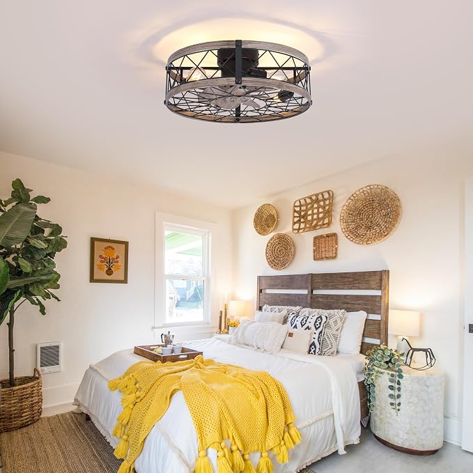 REDSTAR Flush Mount Caged Ceiling Fan with Lights, 20" Small Bladeless Ceiling Fans with Remote, Rustic Low Profile Ceiling Fans 6-Speeds Reversible Enclosed Ceiling Fan for Bedroom Kitchen Farmhouse