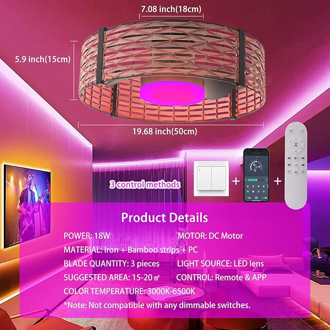 Ganeed 18W LED 20 Inch Dimmable Bamboo Rattan Fandelier, Boho Caged Ceiling Fan with Light and Remote, 6 Speed/Reversible Motor/RGB LED Small Ceiling Fan for Bedroom Living Room Kitchen Nursery