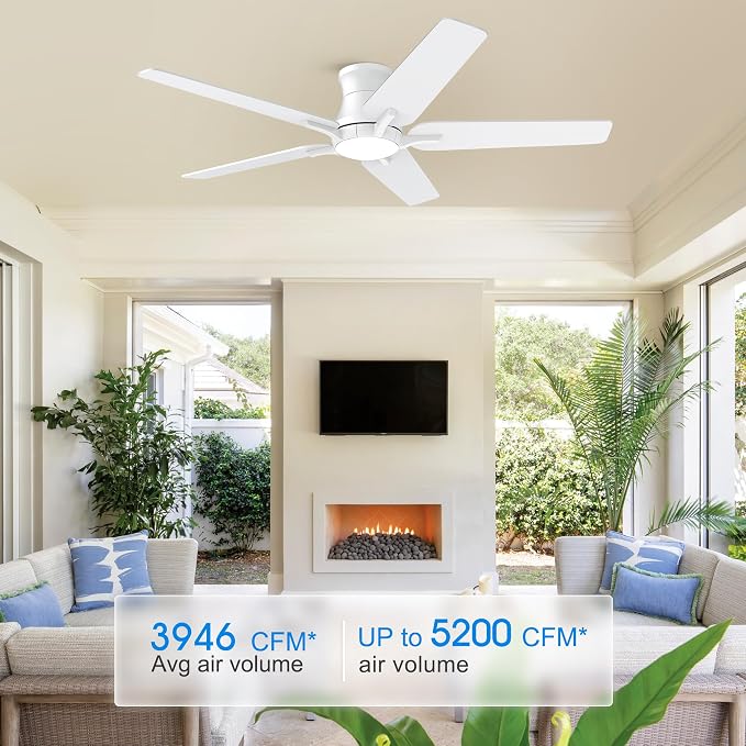 POCHFAN 52 Inch White Ceiling Fans with Lights and Remote, Flush Mount Low Profile Ceiling Fan for Bedroom, Living Room, Patio, Dimmable 6 Speeds Noiseless Reversible, ETL Listed
