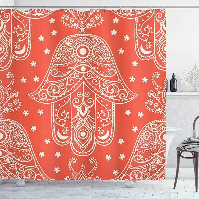 Ambesonne Hamsa Shower Curtain, Egyptian Boho Hamsa Hand Pattern with Eye Design Bridal Night Inspired Art, Cloth Fabric Bathroom Decor Set with Hooks, 69" W x 70" L, White Coral
