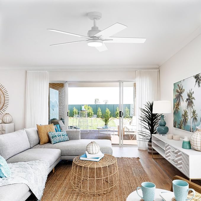 52 Inch White Ceiling Fan with Light and Remote Control,Dimmable 3 Color Temperatures LED Ceiling Fan,6 Speeds Reversible DC Motor,5 Blades Modern Ceiling Fans for Indoor or Covered Outdoor
