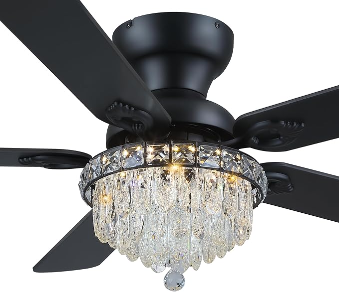 GJeg Crystal Ceiling Fan Fandelier with Lights-Ceiling Fans with Remote Control,Modern Ceiling Fan with Noiseless DC Reversible Motor,Dining Room,Living Room(52" Black)